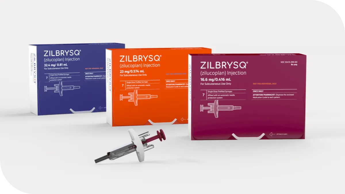 ZILBRYSQ syringe plungers in three different colors.